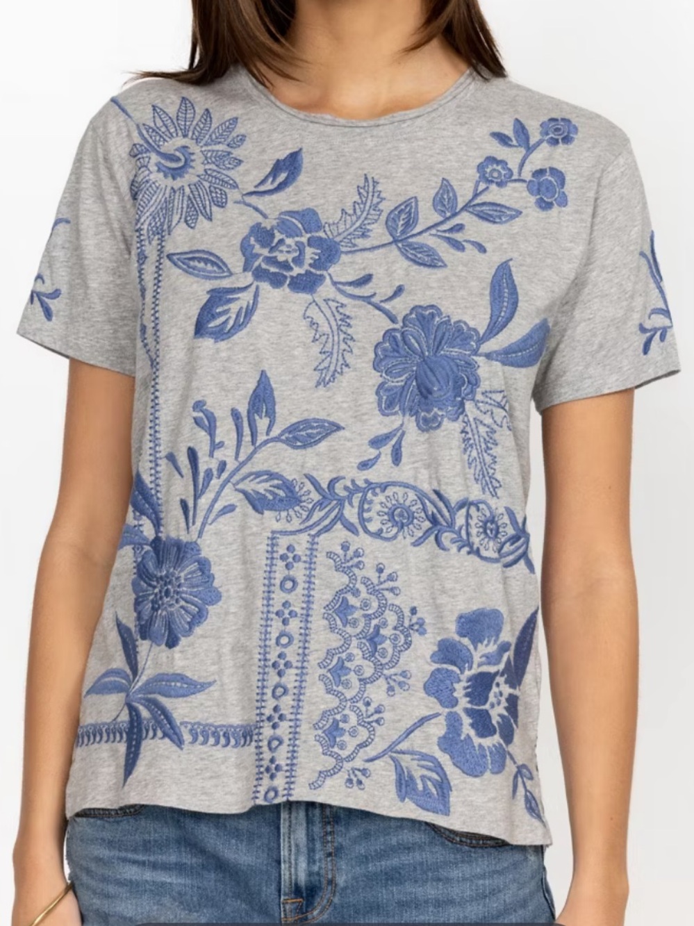 Johnny Was Lyra Relaxed Crewneck T-Shirt Heather Gray Tee Blue Floral Embroidery